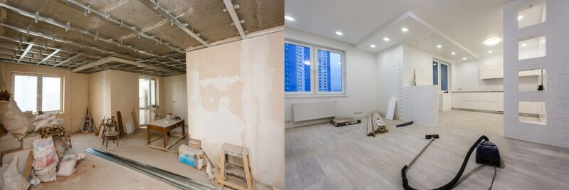 Pièce en rénovation avec plafond ouvert et nouvelles cloisons